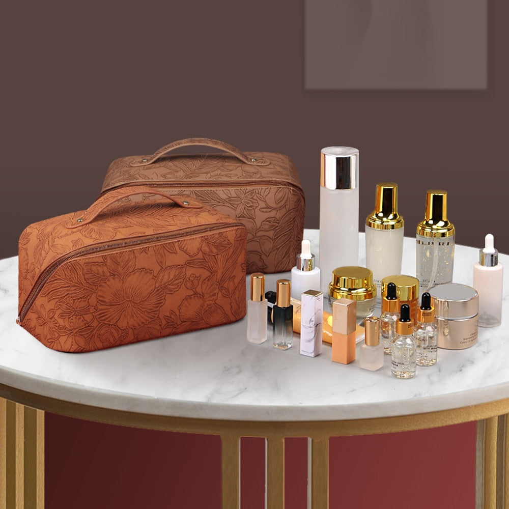Embossed Floral Pattern PU Leather Cosmetic Bag