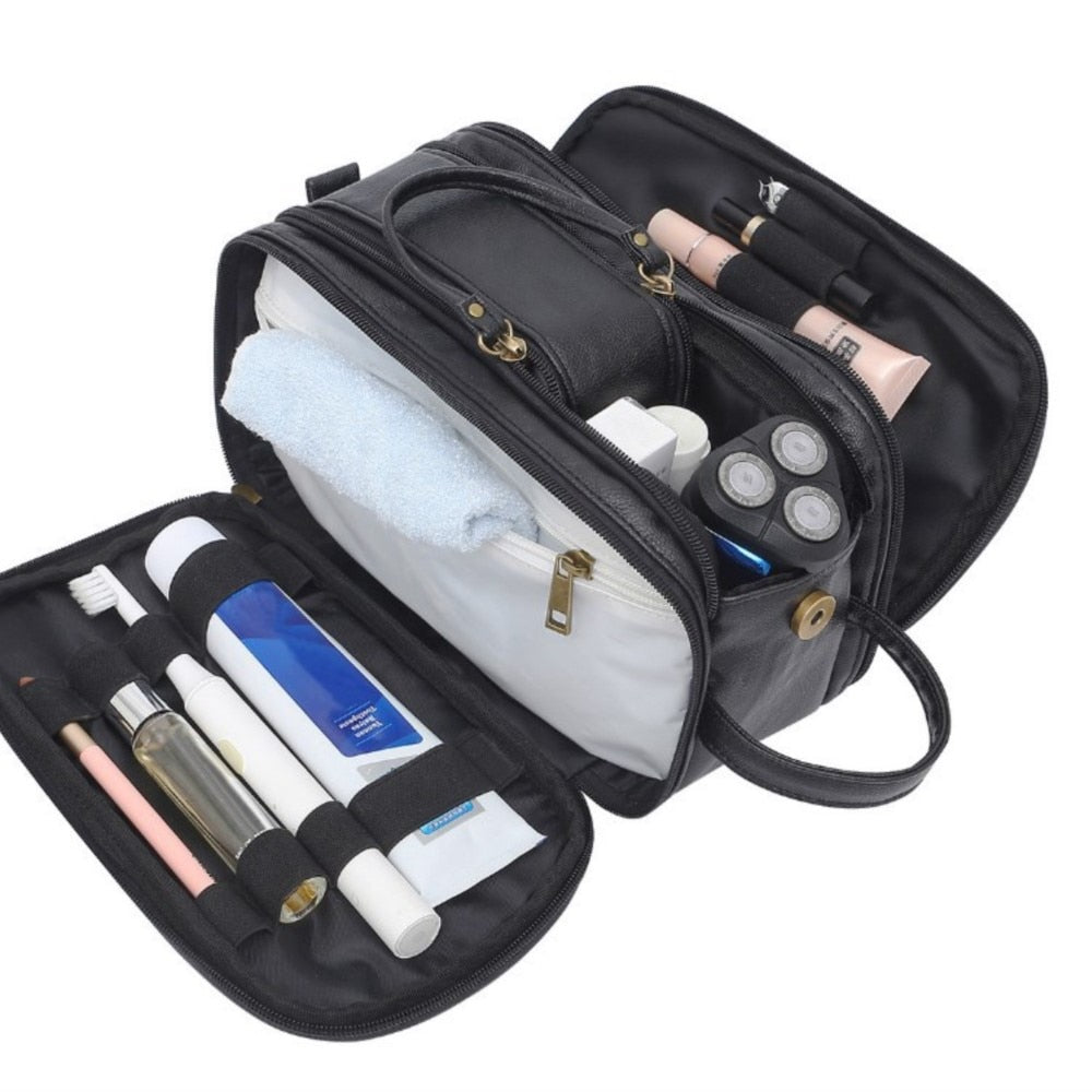 Men's Dual-Zipper Vintage PU Leather Toiletry Bag