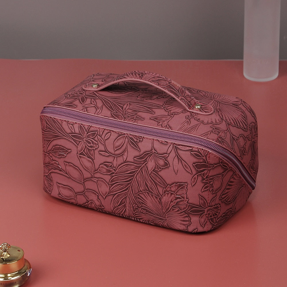 Embossed Floral Pattern PU Leather Cosmetic Bag