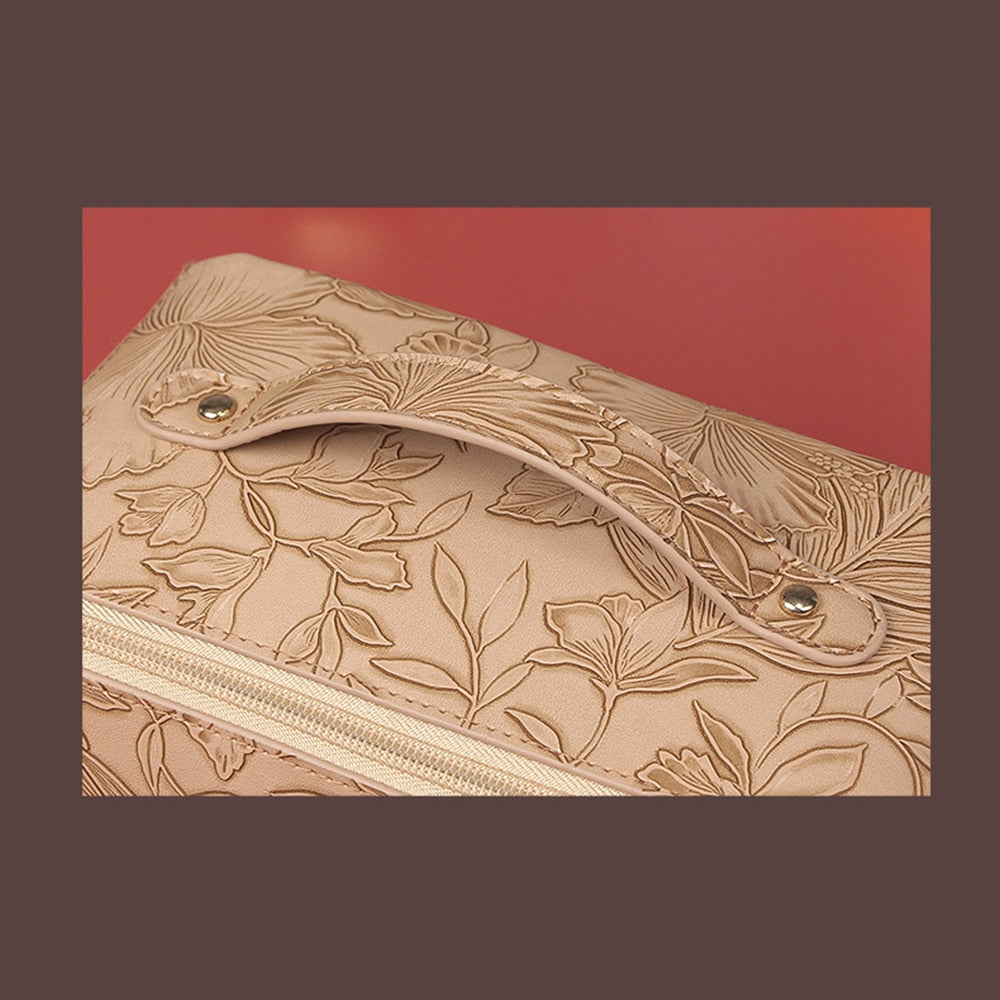 Embossed Floral Pattern PU Leather Cosmetic Bag