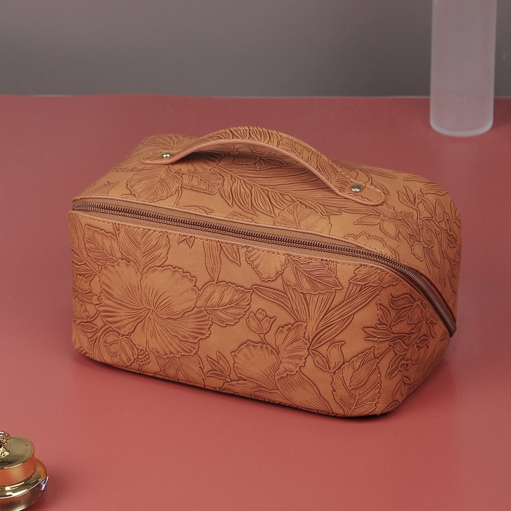 Embossed Floral Pattern PU Leather Cosmetic Bag