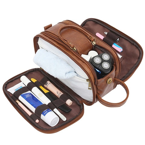 Men's Dual-Zipper Vintage PU Leather Toiletry Bag