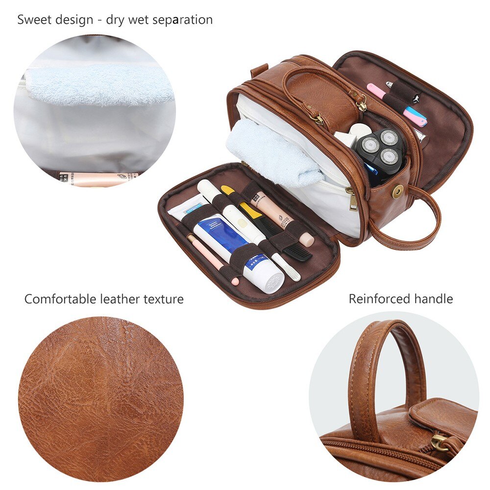 Men's Dual-Zipper Vintage PU Leather Toiletry Bag