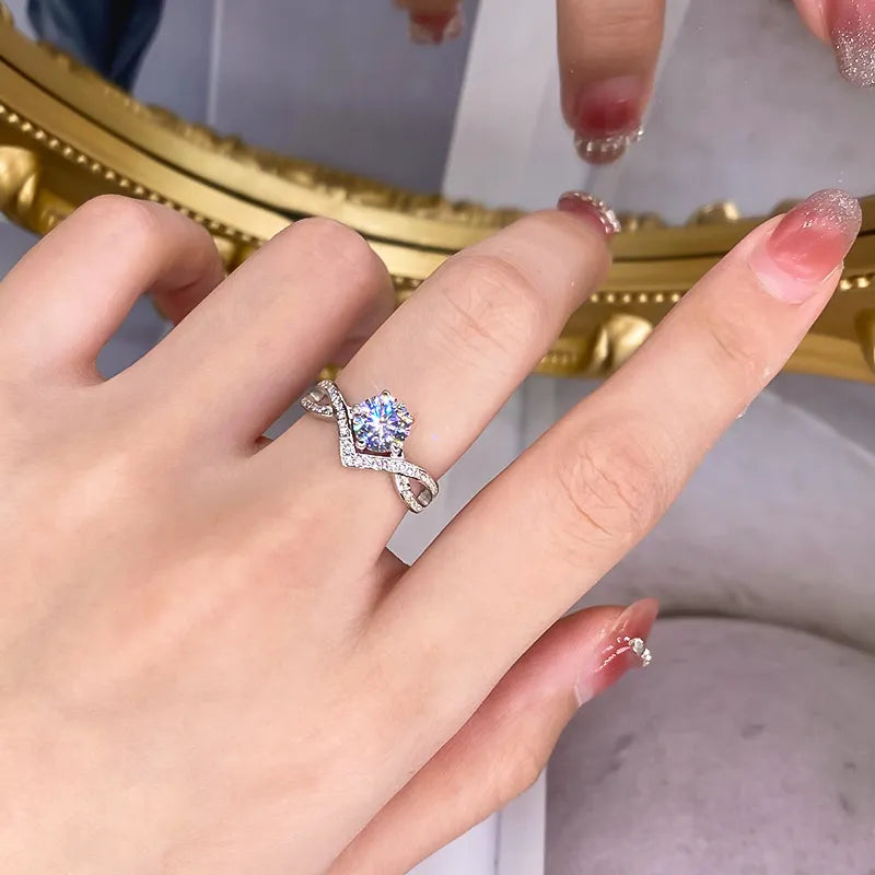 Victory Divine: V-Shaped Sterling Silver Ring Series (D color Moissanite & Zircon)