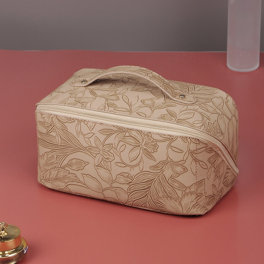 Embossed Floral Pattern PU Leather Cosmetic Bag