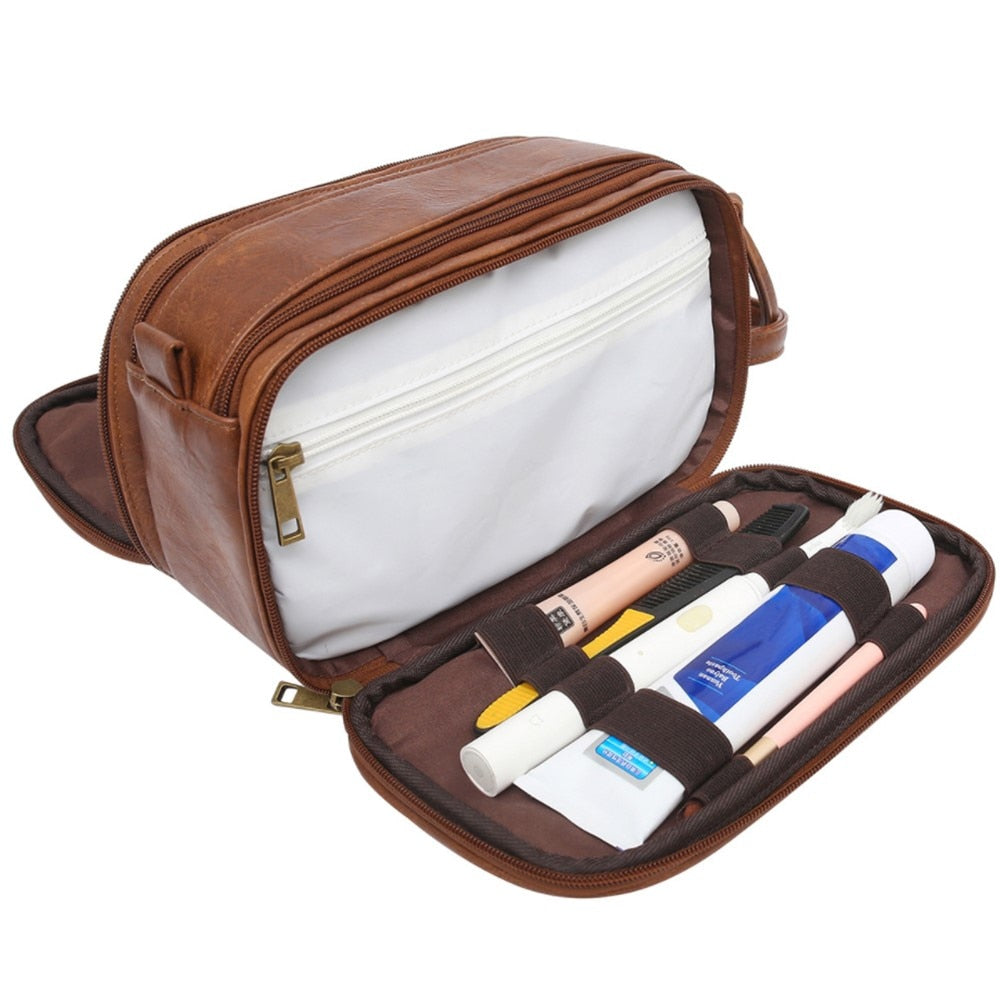 Men's Dual-Zipper Vintage PU Leather Toiletry Bag