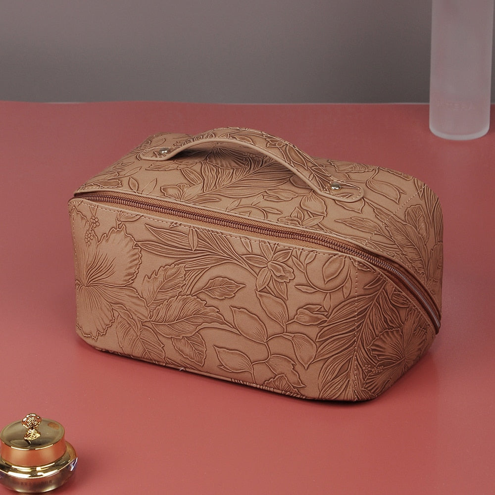 Embossed Floral Pattern PU Leather Cosmetic Bag
