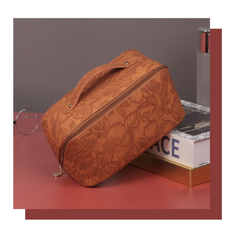 Embossed Floral Pattern PU Leather Cosmetic Bag