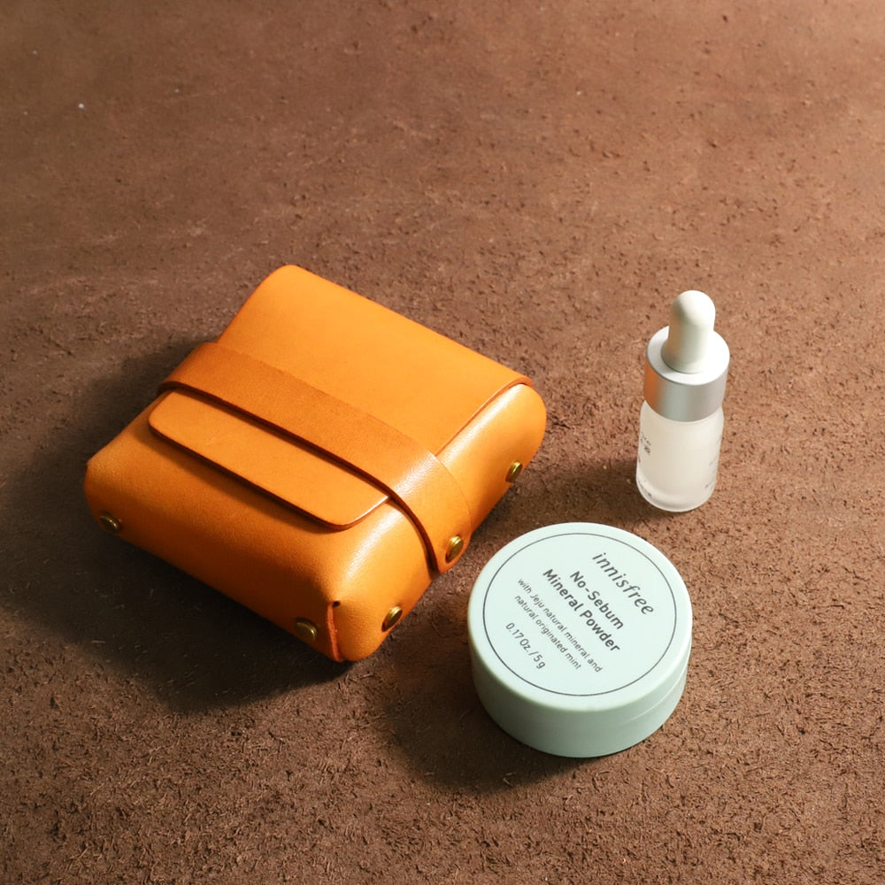 British Style Retro Authentic Leather Mini Makeup Bag